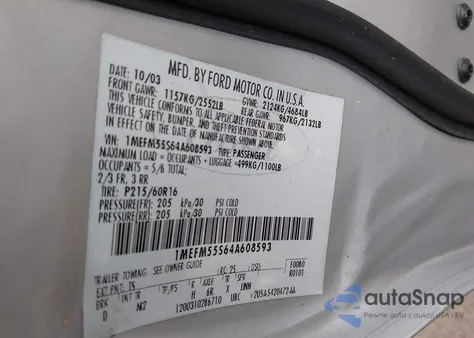 2004 Mercury Sable Ls Premium from USA, damaged, VIN 1MEFM55S64A608593